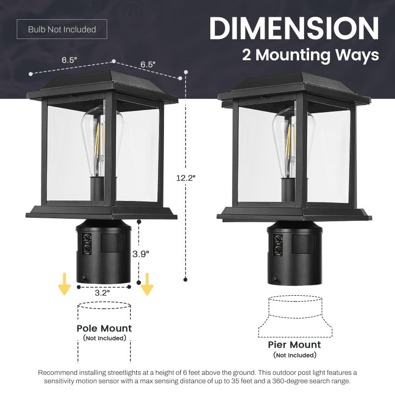 zeyu 12.2-Inch Outdoor Lamp Post Light Fixture, 360Â° Detection, 4 Modes, Exterior Sensor Post Light, Die-Cast Aluminum with Clear Glass Shade, Black Finish, 0409-P-SE BK - Image 2